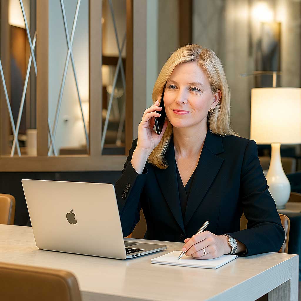 woman working on laptop while talking on phone